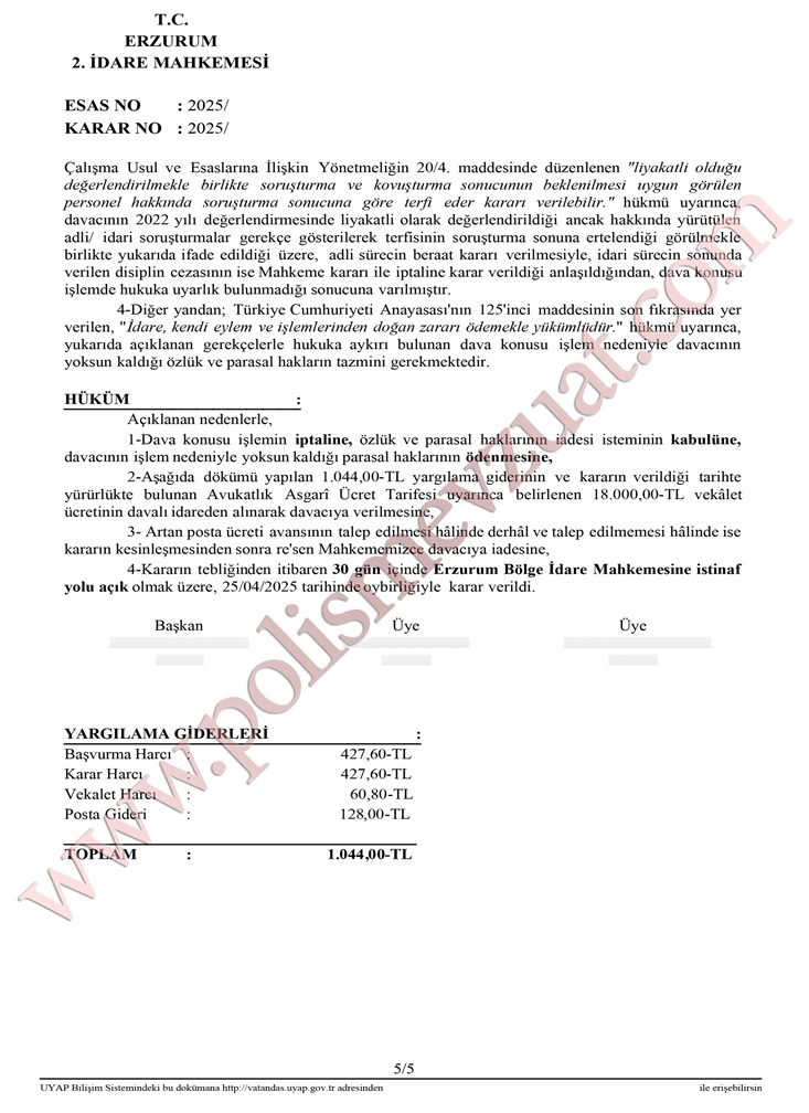 komiser yardımcısı rütbe terfi davasu ve özlük haklarının iadesi emsal kararı