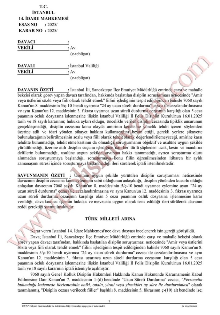 amir veya üstlerini tehdit etmek bekçiye disiplin cezası