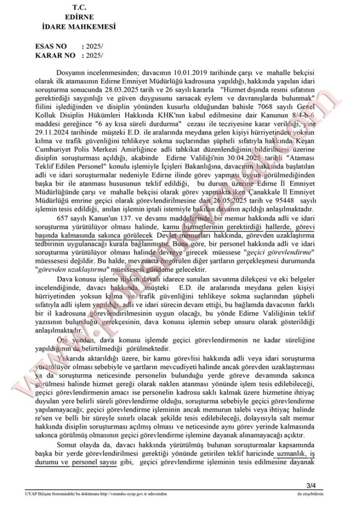 emniyet geçici görevlendirmenin iptali emsal kararı