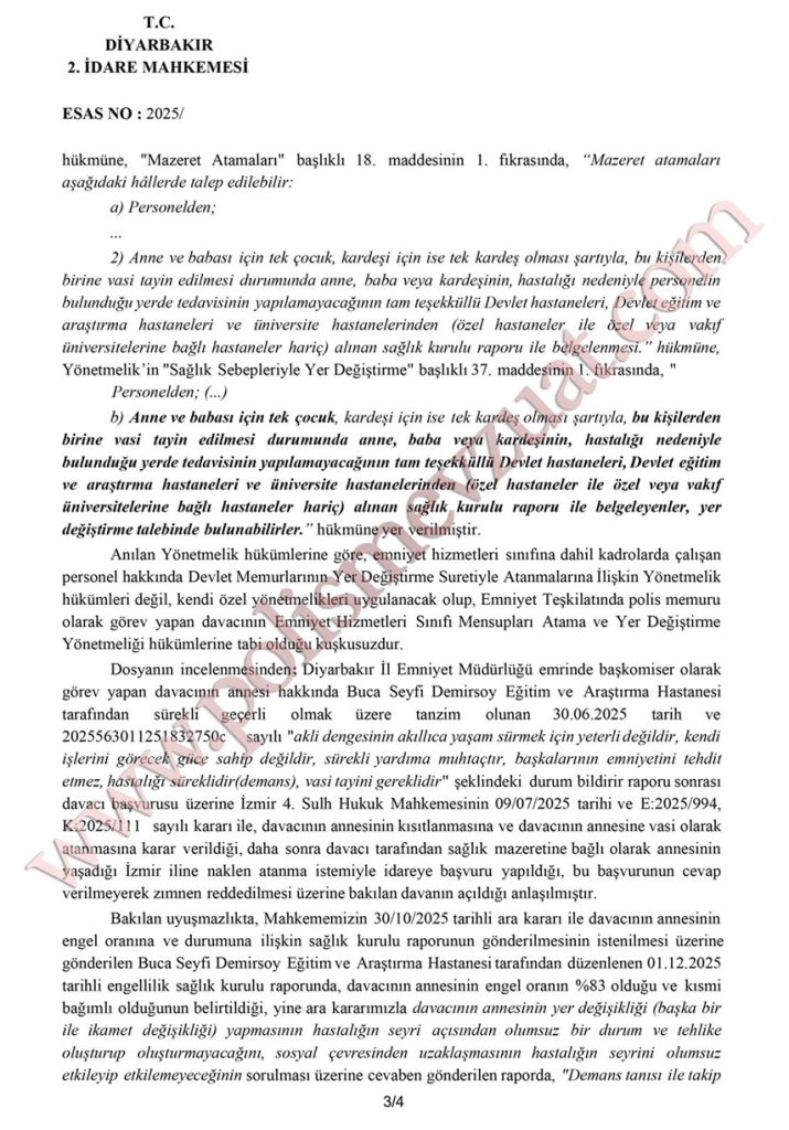 memurun annesinin sağlık özrü nedeniyle atama