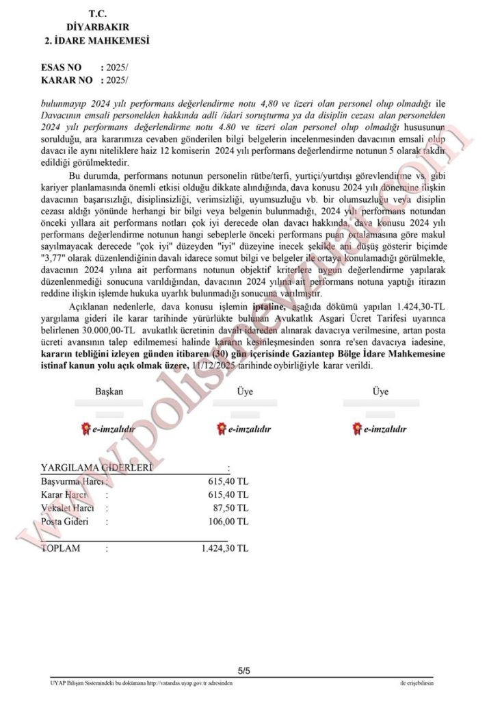 özel harekat polisi performans değerlendirme puanı emsal kararı