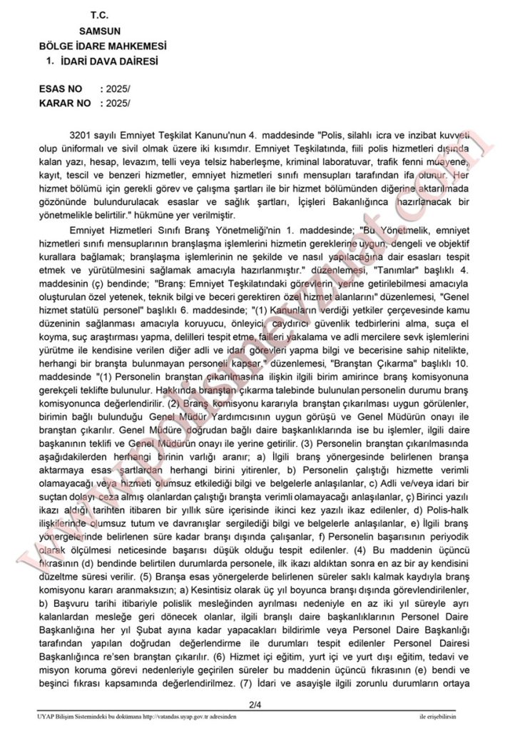 polisin yeniden branşa dönmesi bölge idare mahkemesi emsal kararı