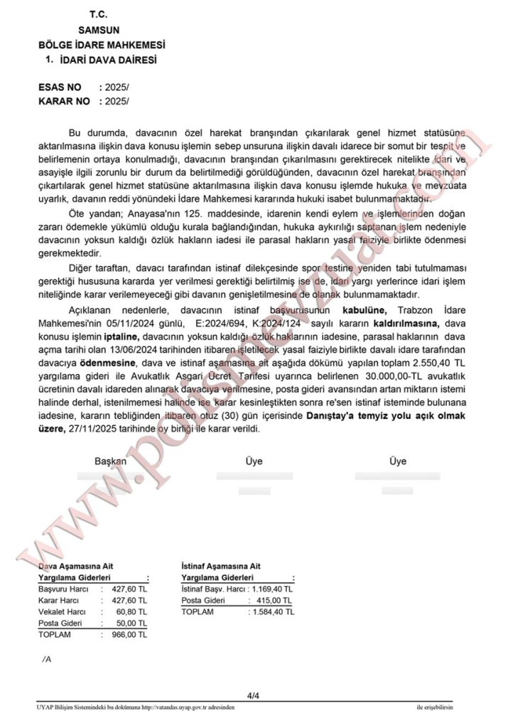 polis branş davası bölge idare mahkemesi emsal kararı