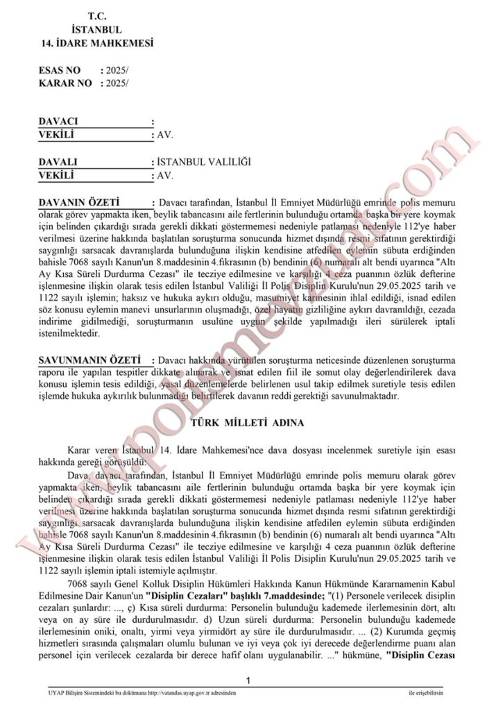 Evde kazara silah patlatan polis memuruna verilen disiplin cezasının iptali. 2 yanlışlıkla silahı patlayan silah patlatan polise ceza