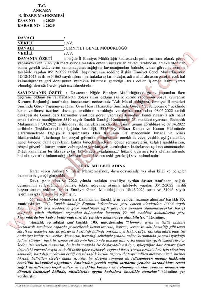 Adi Malul olarak emekli olan polis memurunun mesleğe dönmesi. 4 adi malul polisin mesleğe dönmesi malulen emekli olan polis