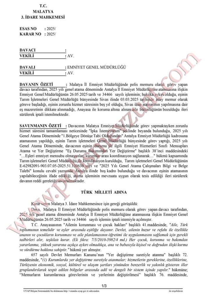 polis memuru genel atamanın iptali eş durumu ataması