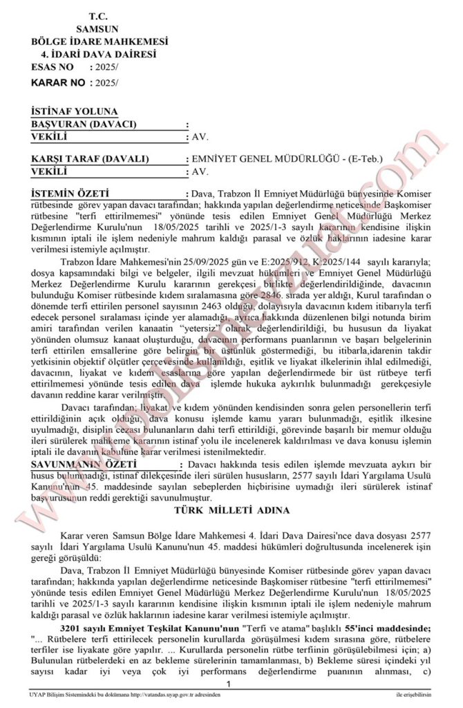 başkomiser rütbe terfi bölge idare mahkemesi emsal kararı