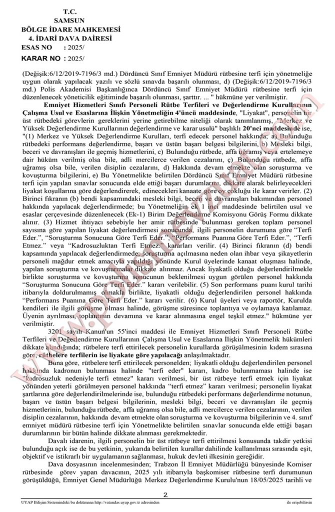 başkomiser rütbe terfi bölge idare mahkemesi emsal kararı