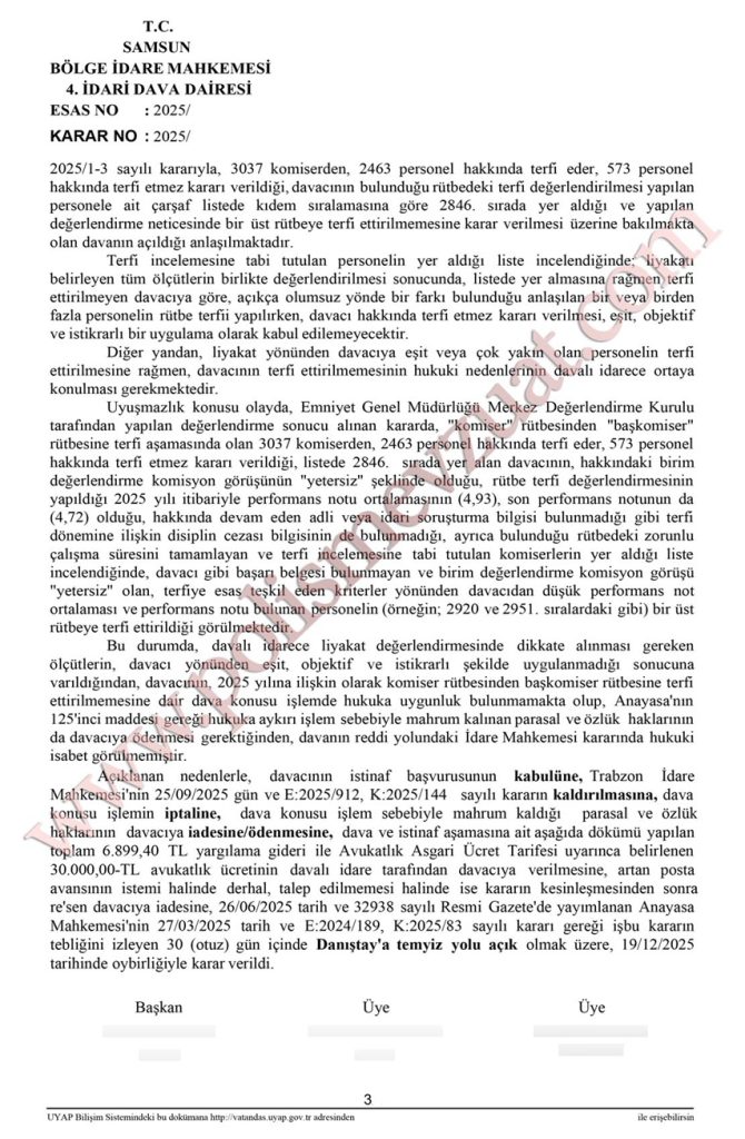 başkomiser rütbe terfi bölge idare mahkemesi emsal kararı