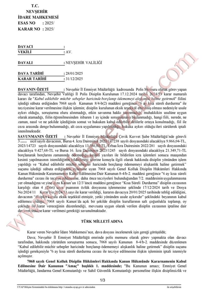 borç alan polise ceza iptal emsal kararı