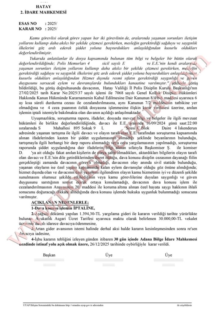 meslektaşı ile kavga eden polis memuruna verilen cezanın iptali