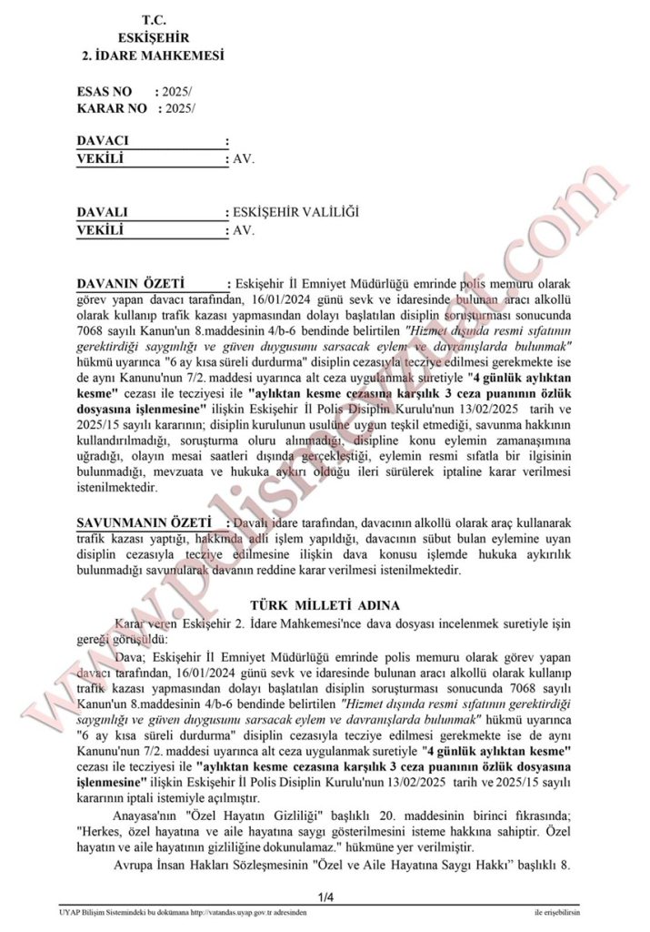 görev dışında alkollü kaza yapan polise ceza