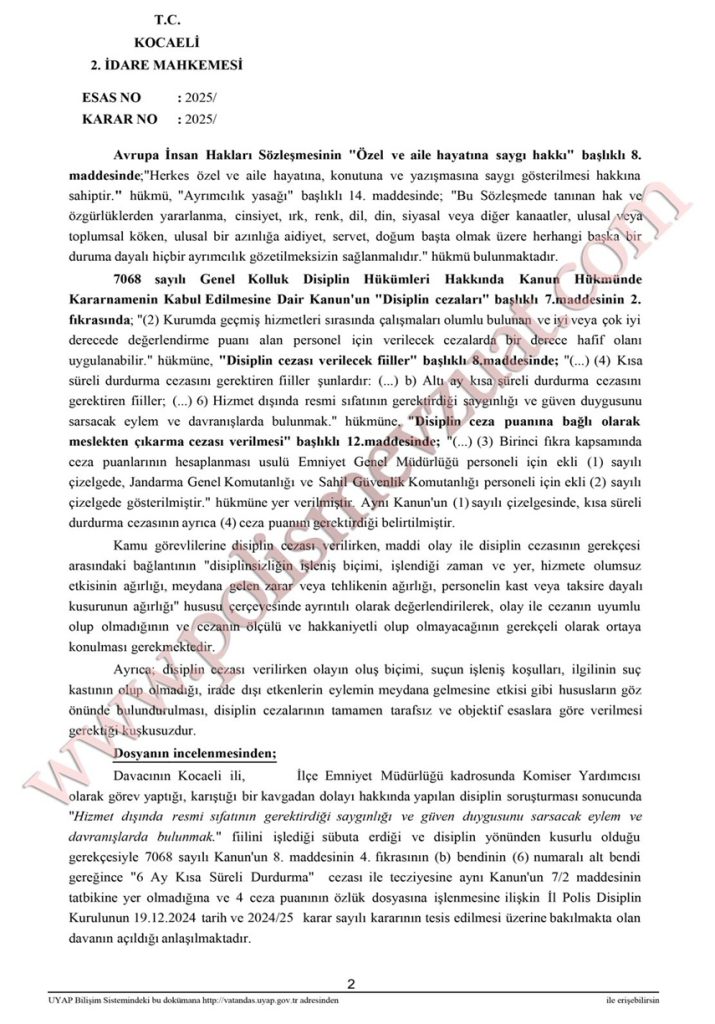 görev dışında kavga komisere ceza