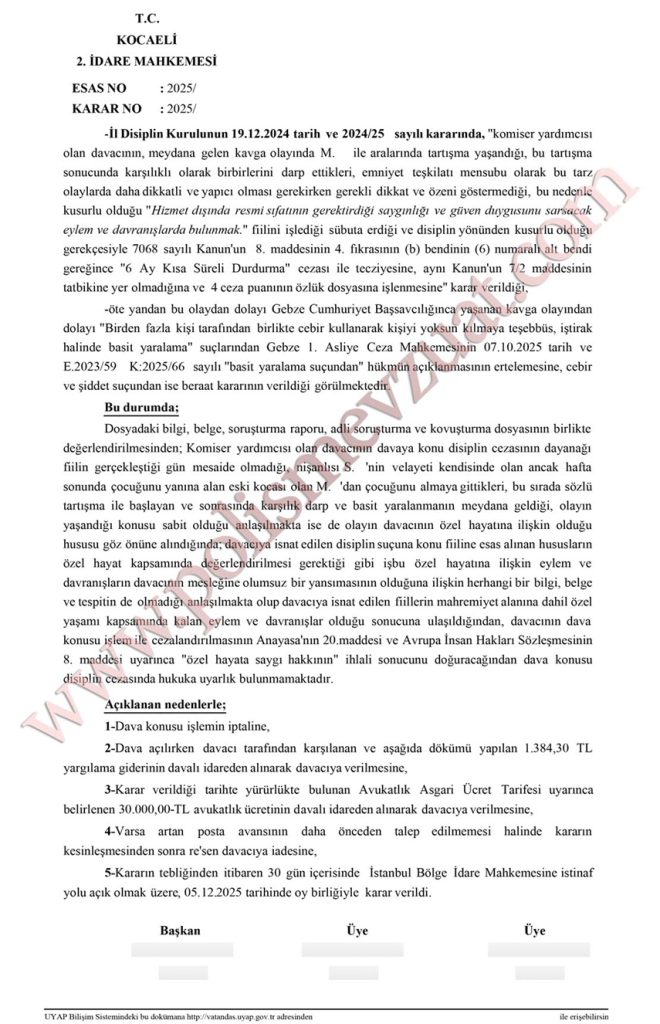 görev dışında kavga eden komisere disiplin cezası