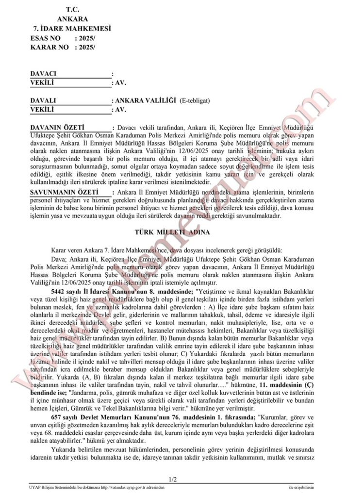 il içi atamanın iptali başka şubeye atama