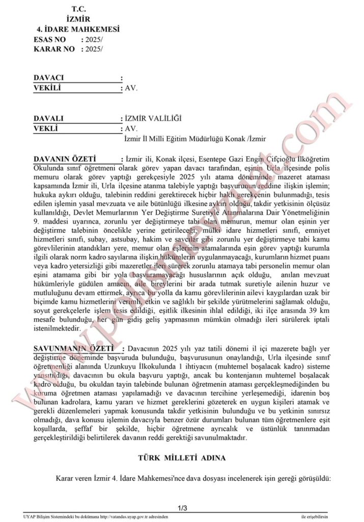 öğretmenin ataması polis olan eşinin yanına ataması