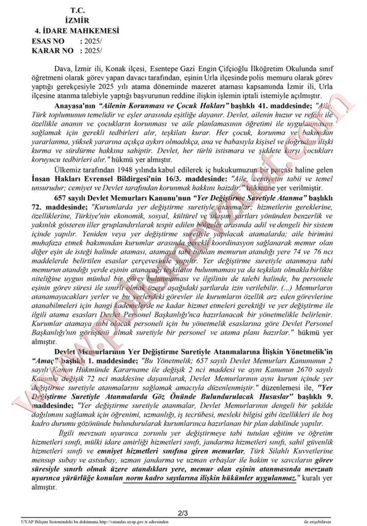 öğretmenin il içi ataması polis olan eşinin yanına ataması