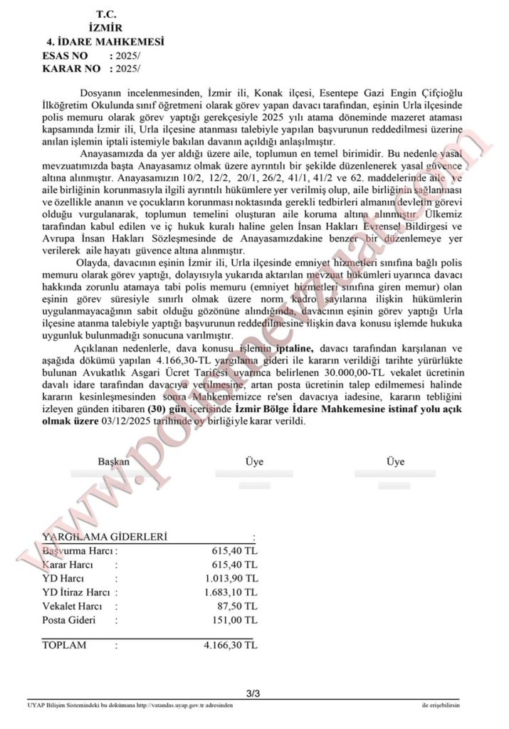 öğretmenin eş mazeret ataması polis olan eşinin yanına ataması