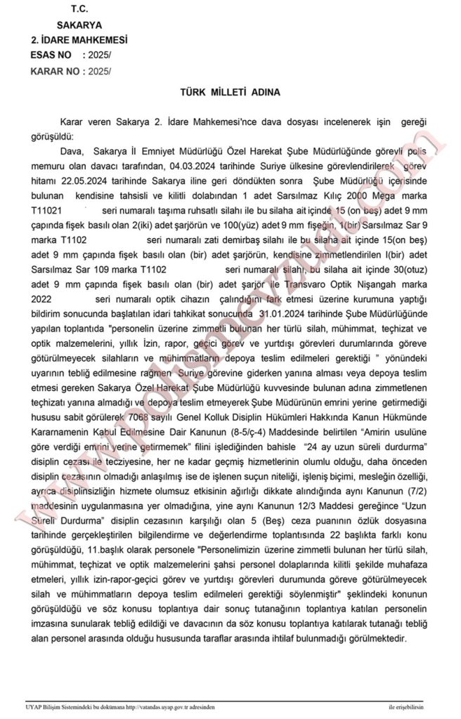 silahı çalınan polis memuruna verilen disiplin cezasının iptali