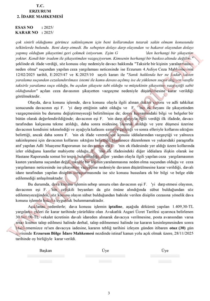 eşi ile kavga eden polis disiplin cezası davası emsal kararı