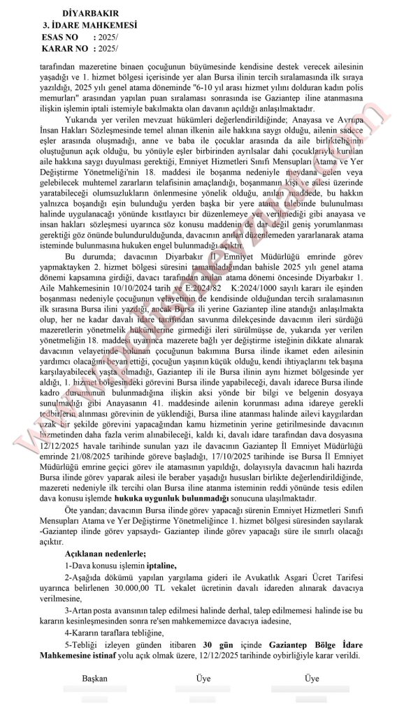 polis genel atama puan davası istediği ile atama ailenin yanına atama