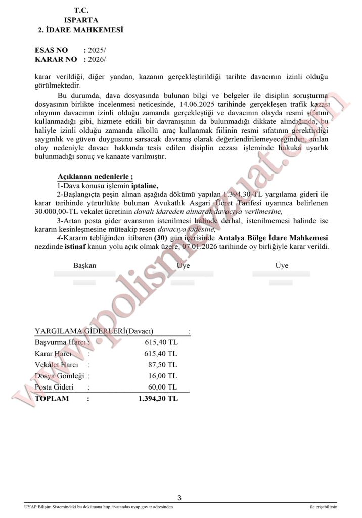 Görev dışında alkollü araç kullanırken trafik kazası geçiren polise verilen ceza. 4 istirahatli saatinde alkollü araç kullanan polis kaza hizmet dışı