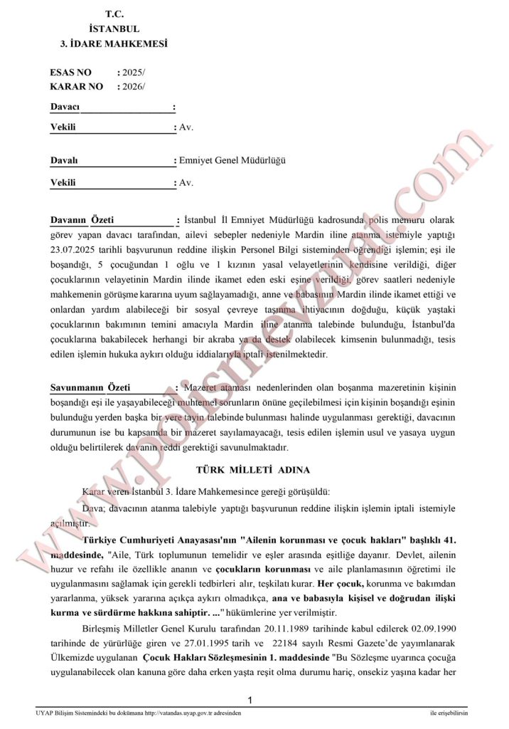 boşanan polisin memleketine ataması