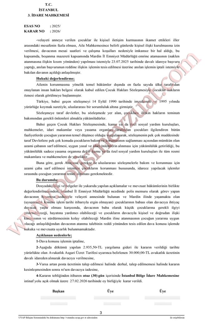 boşanan polisin memleketine ataması emsal kararı