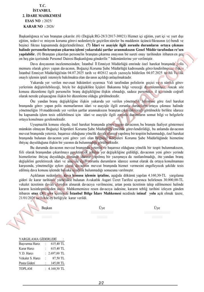 Valinin onayı ile başka branşa ataması yapılan polisin branşa dönmesi. 5 brans disi calistirilma polis brans davasi 2