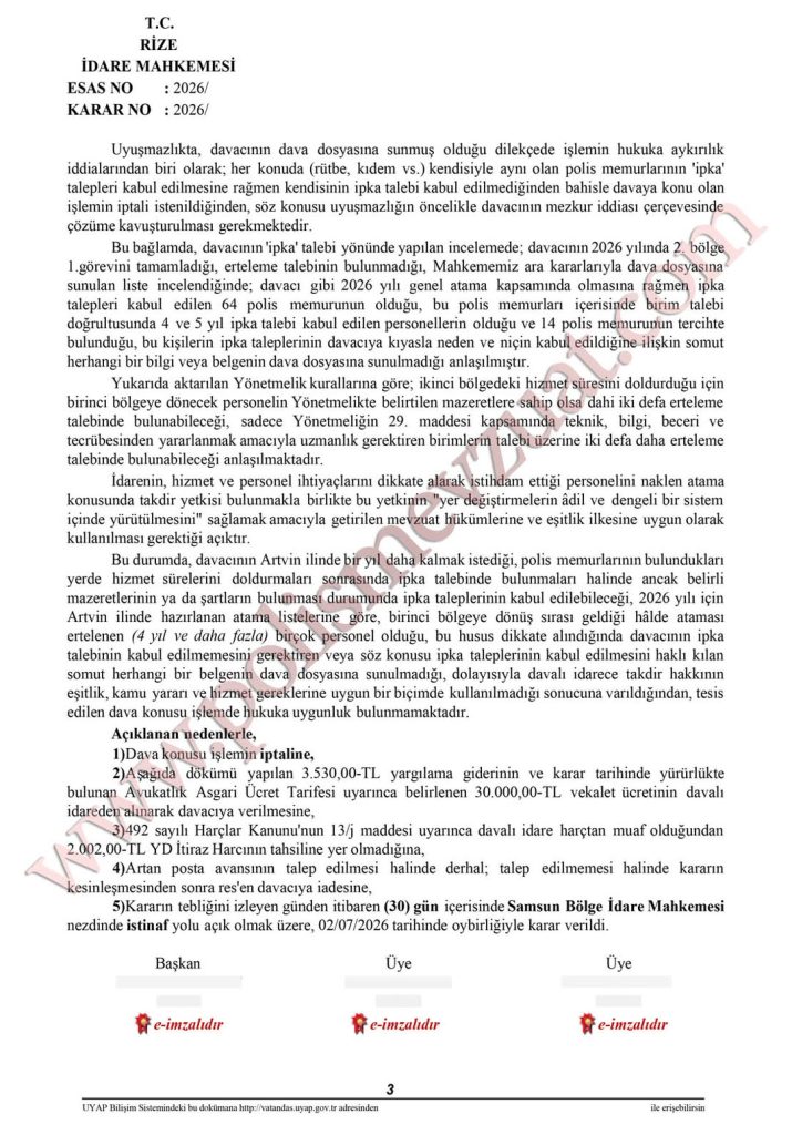 2026 yılı polis genel atamanın iptali davası emsal kararı. İpka davası. 7 Polis memuru genel atamanın durdurulması ipka davası, çocuğun eğitim durumundan atama durdurma ipka davası ipka emsal kararı