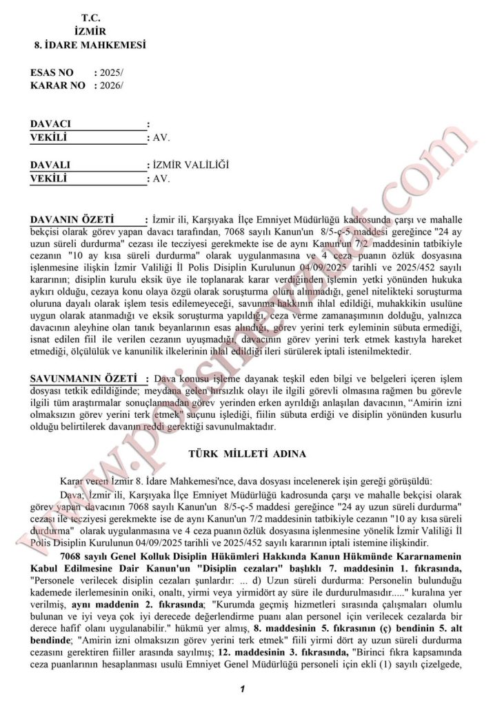 Görev yeri terk'ten bekçiye verilen cezanın iptali. 6 bekçi görev yeri terk cezası davası 1