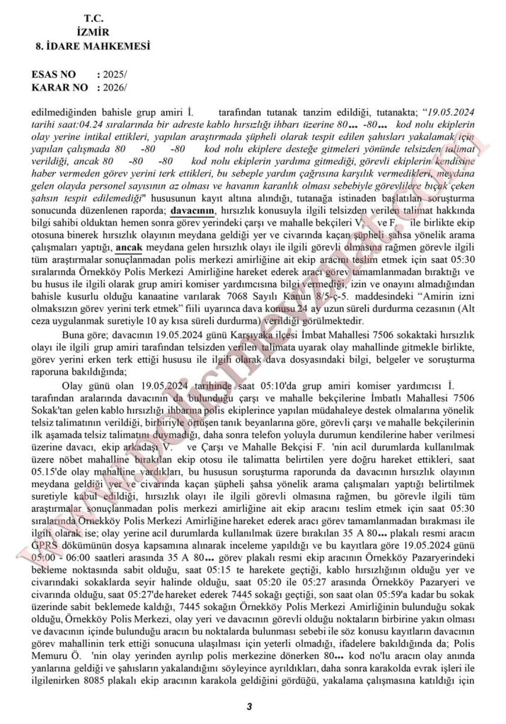 Görev yeri terk'ten bekçiye verilen cezanın iptali. 8 bekçi görev yeri terk cezası davası 3