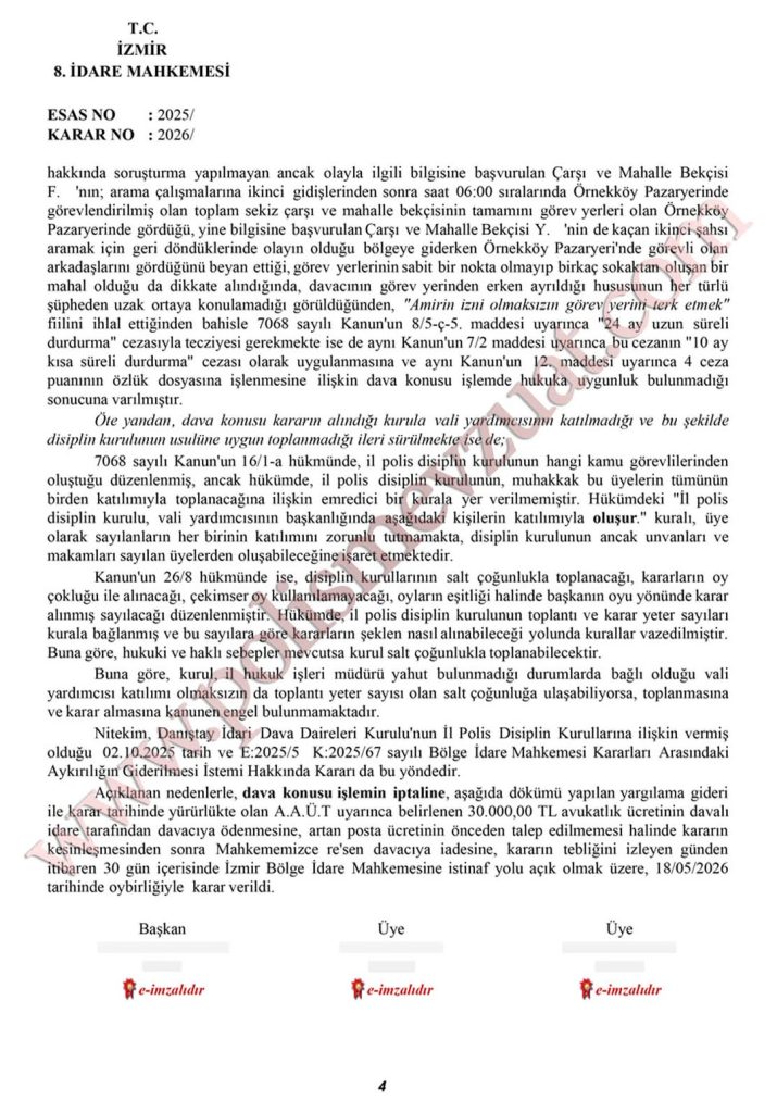 Görev yeri terk'ten bekçiye verilen cezanın iptali. 9 bekçi görev yeri terk cezası davası 4