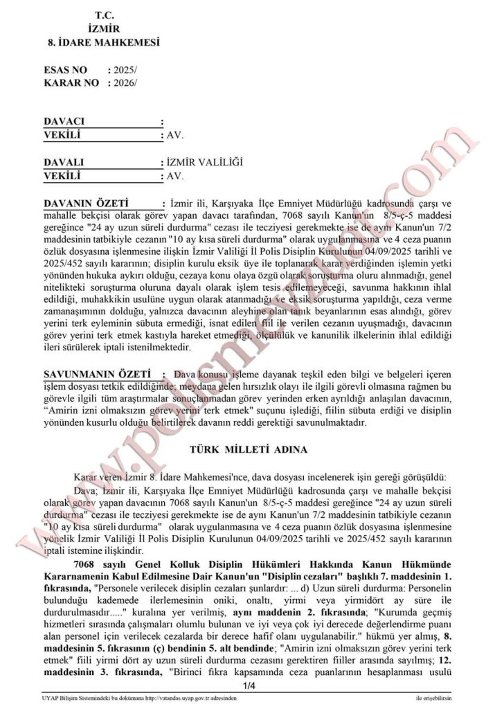 Görev yerini terkten çarşı ve mahalle bekçisine cezanın iptali. 6 görev yerini terkten bekçiye cezanın iptali