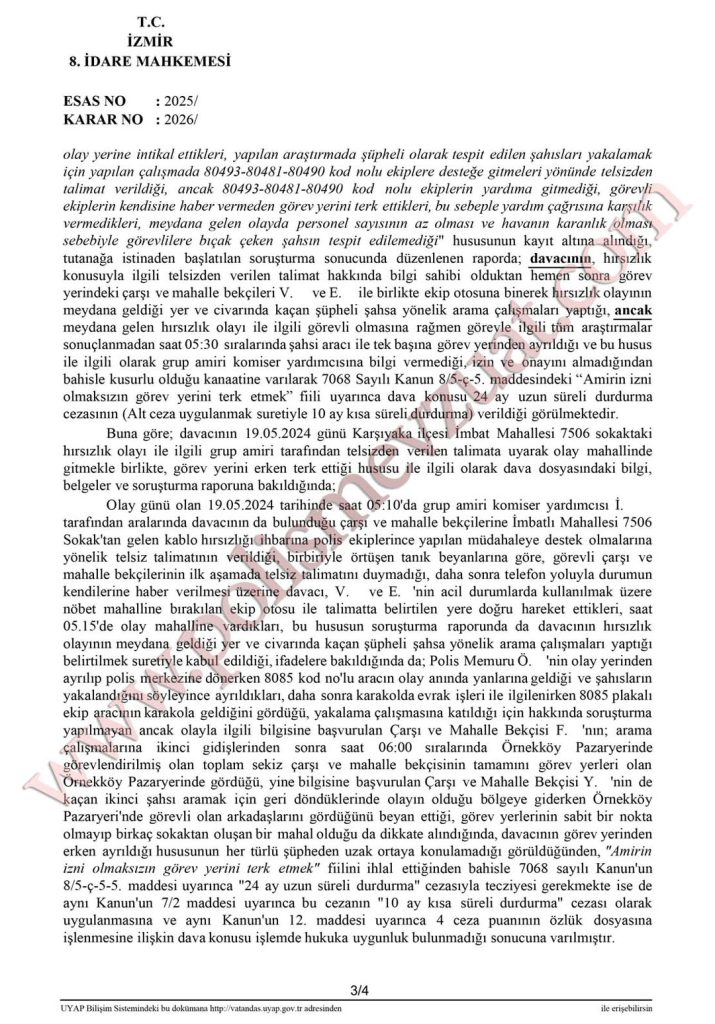 Görev yerini terkten çarşı ve mahalle bekçisine cezanın iptali. 8 görev yerini terkten bekçiye cezanın iptali