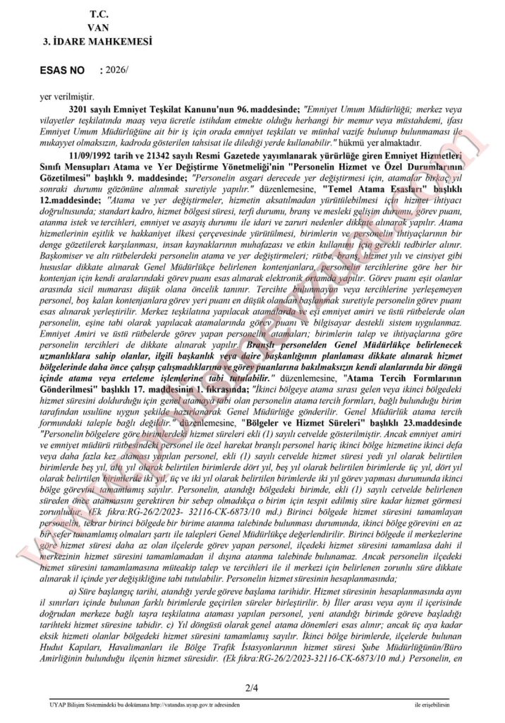 Branşlı polisin genel atamasının iptali davası. 7 branşlı polisin genel atamasının iptali
