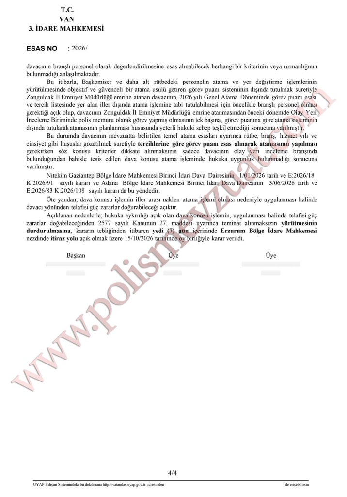 Branşlı polisin genel atamasının iptali davası. 9 branşlı polisin genel atamasının iptali