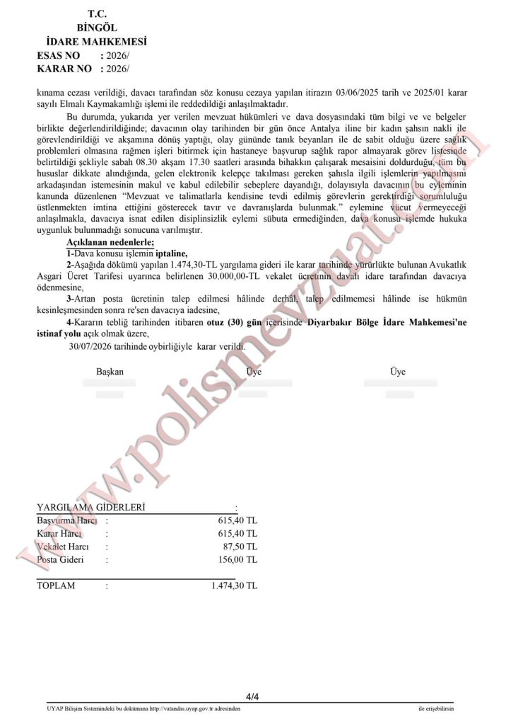 Mesai saatleri dışında göreve çağırılan ve göreve gitmeyen polise verilen cezanın iptali. 9 göreve gelmeyen icapçı polise sorumluluğu üstlenmekten imtina etmek disiplin cezası