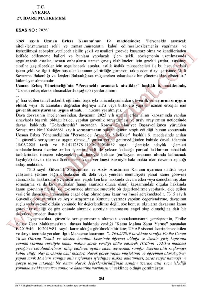 Güvenlik soruşturması olumsuz olan uzman erbaşın davası. 8 uzman erbaş güvenlik soruşturması emsal kararı